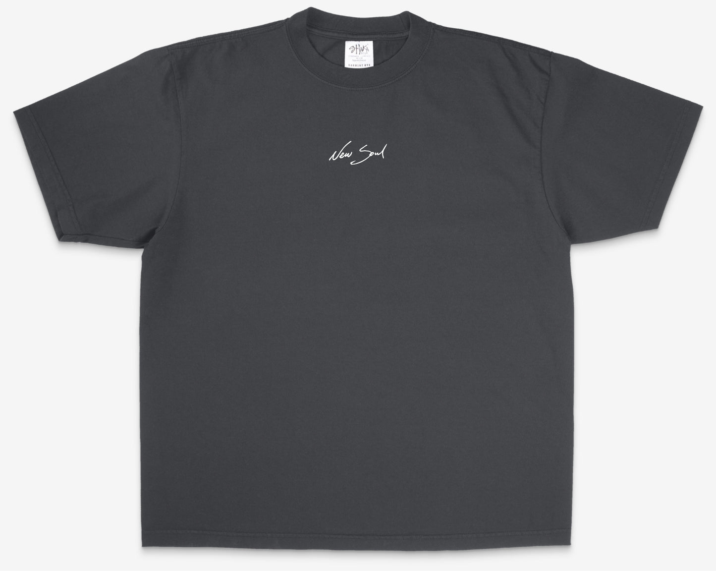 Gray t-shirt with a small white logo on a white background