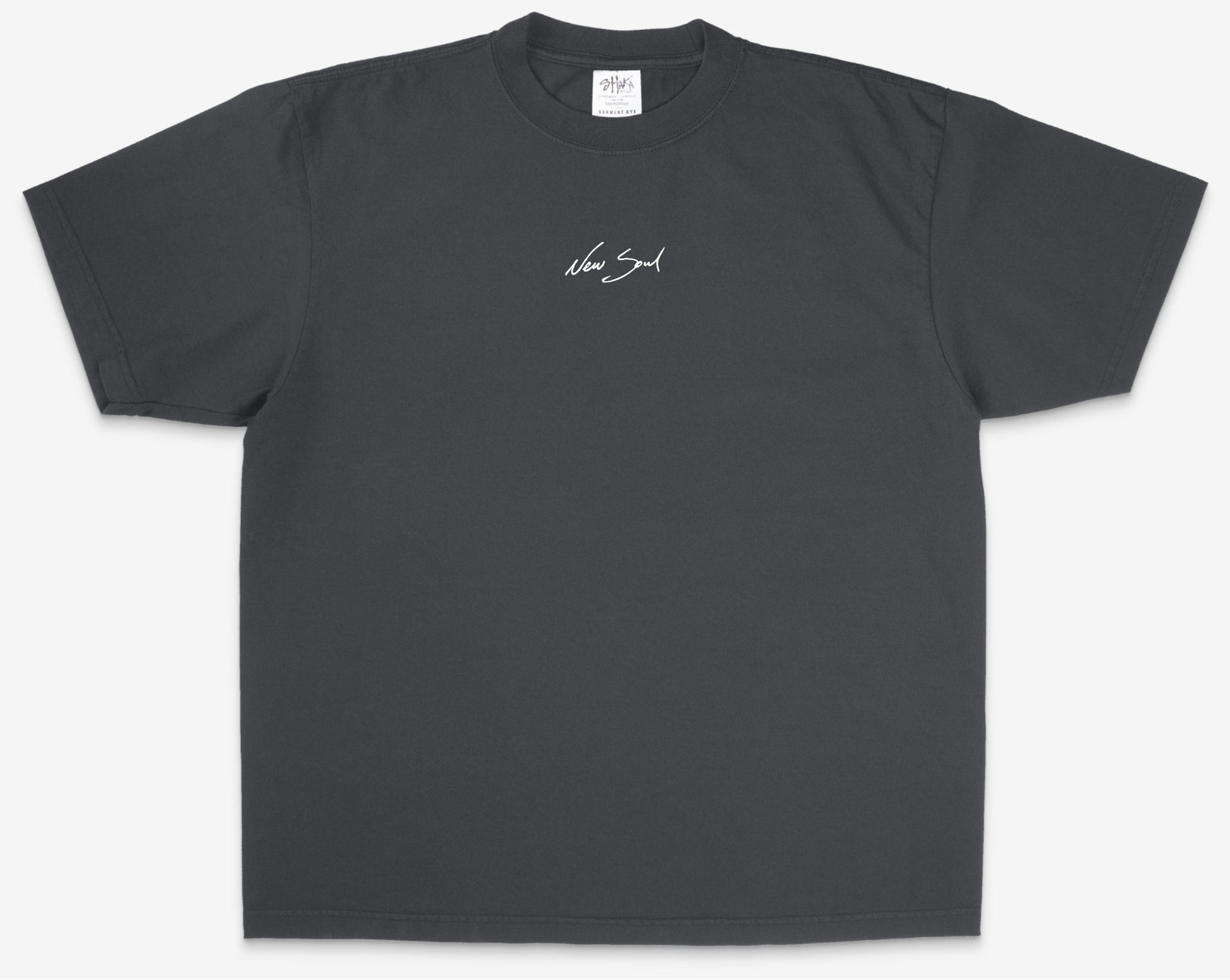 Gray t-shirt with a small white logo on a white background